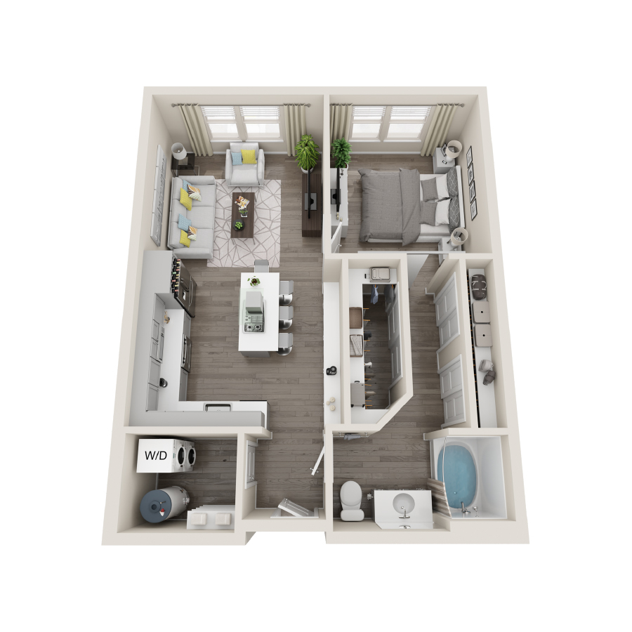 Rendering of the 1A floor plan with 1 bedroom[s] and 1 bathroom[s] at Aspire at Flamingo Grand