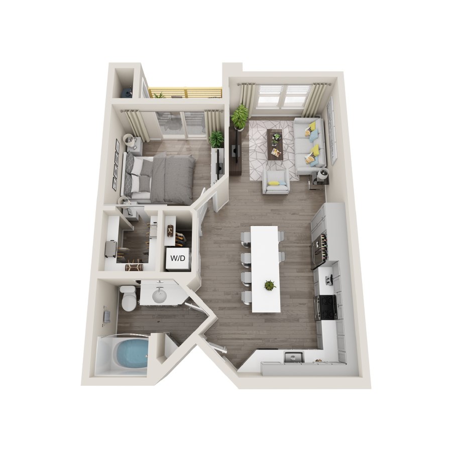 Rendering of the 1B floor plan with 1 bedroom[s] and 1 bathroom[s] at Aspire at Flamingo Grand