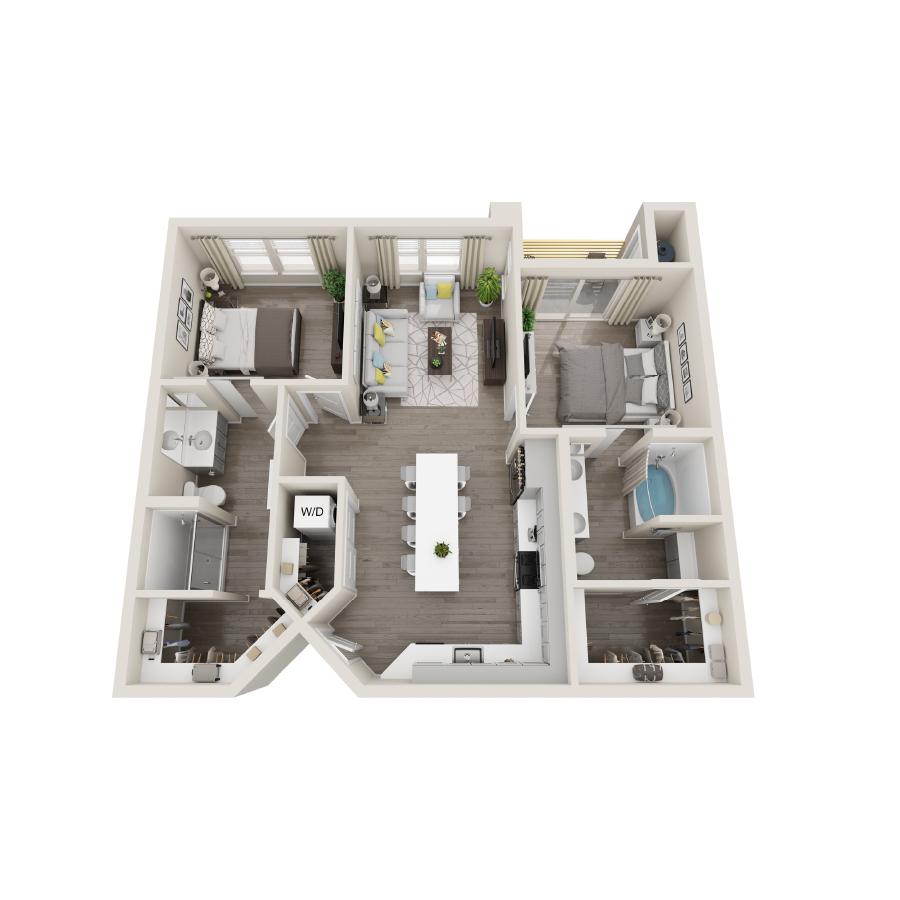 Rendering of the 2B floor plan with 2 bedroom[s] and 2 bathroom[s] at Aspire at Flamingo Grand