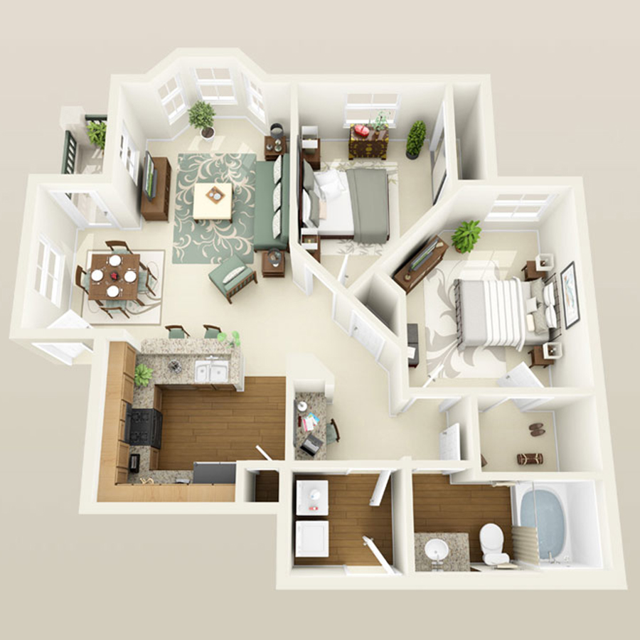 Rendering of the 2O floor plan with 2 bedroom[s] and 1 bathroom[s] at Altessa