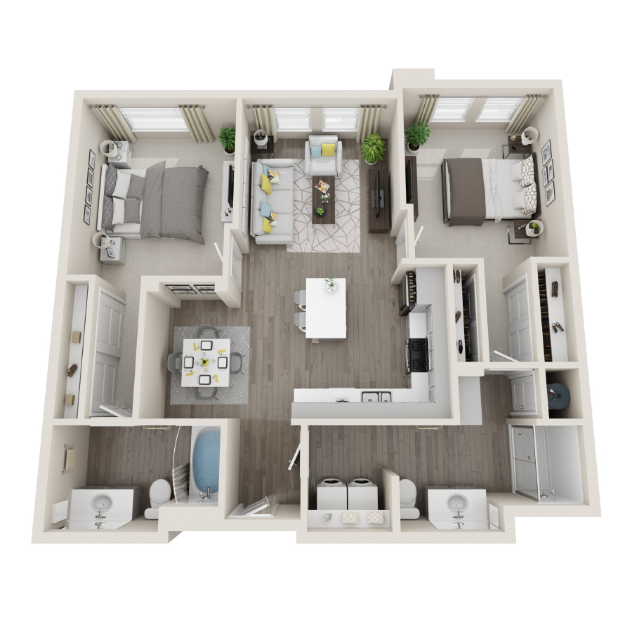 Rendering of the 2A floor plan with 2 bedroom[s] and 2 bathroom[s] at Aspire at Grand Canyon