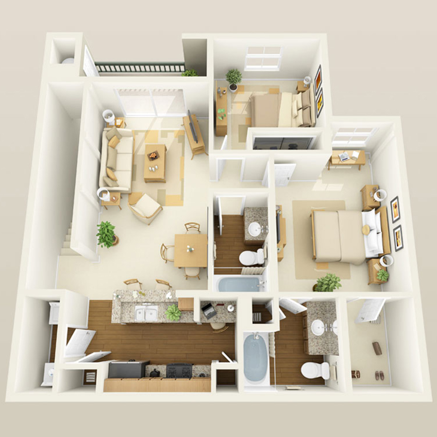 Rendering of the 2D floor plan with 2 bedroom[s] and 2 bathroom[s] at Altessa