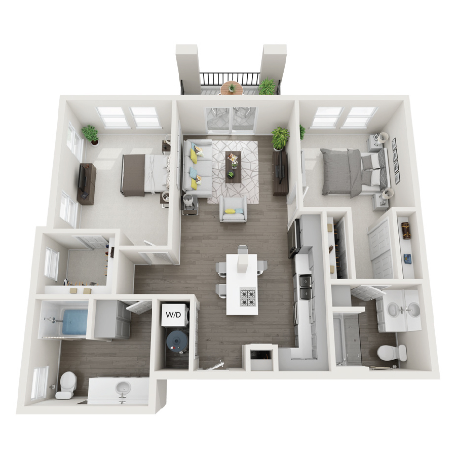 Rendering of the 2C floor plan with 2 bedroom[s] and 2 bathroom[s] at Radiance at Grand Canyon