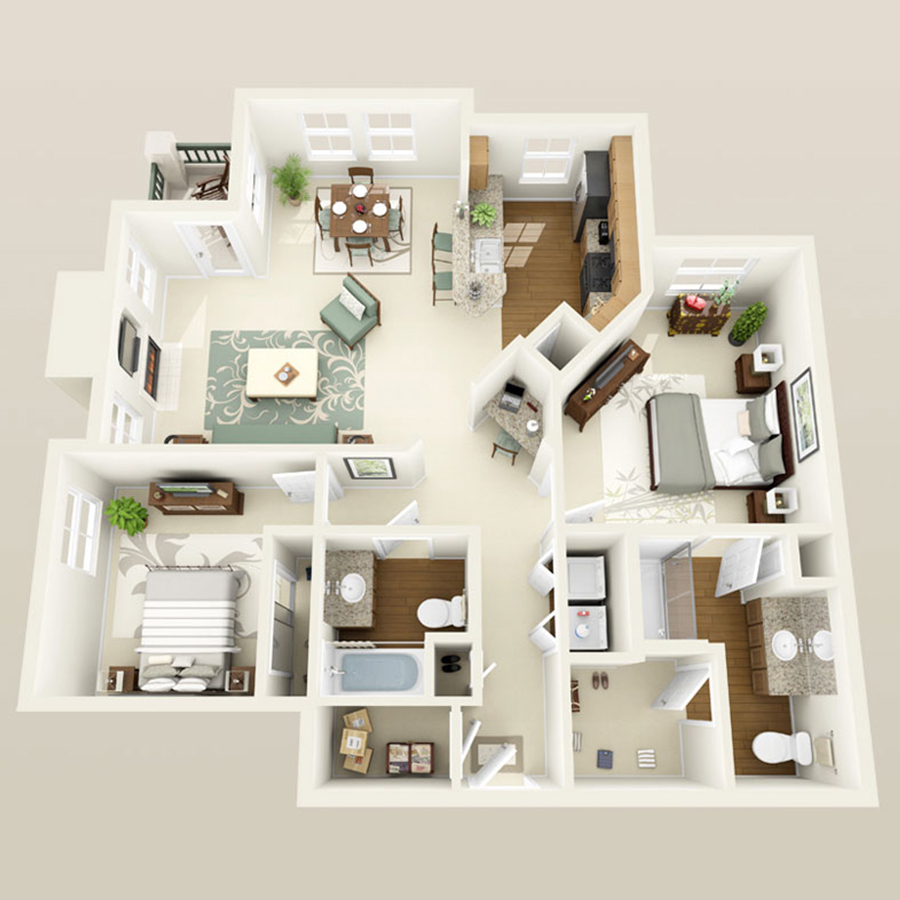 Rendering of the 2C floor plan with 2 bedroom[s] and 2 bathroom[s] at Altessa