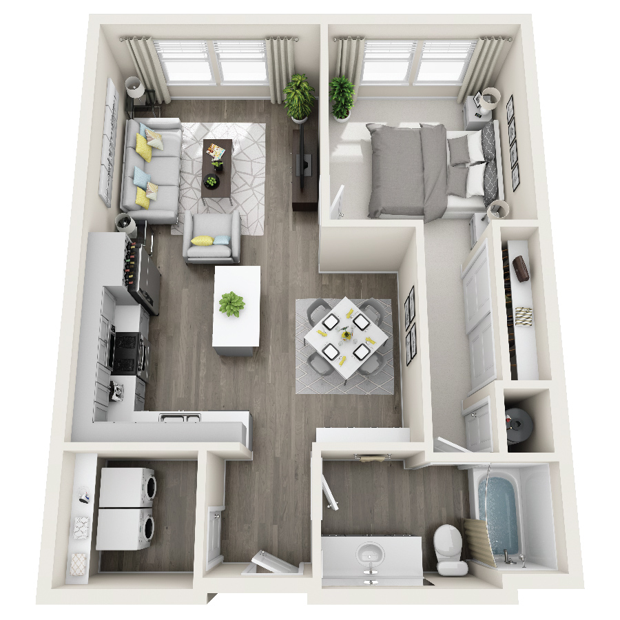 Rendering of the 1A floor plan with 1 bedroom[s] and 1 bathroom[s] at Aspire at Grand Canyon