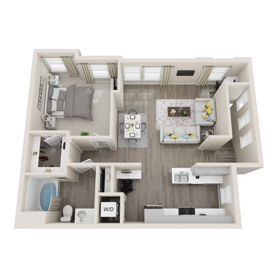 Rendering of the 1E.1 floor plan with 1 bedroom[s] and 1 bathroom[s] at Aspire at Grand Canyon