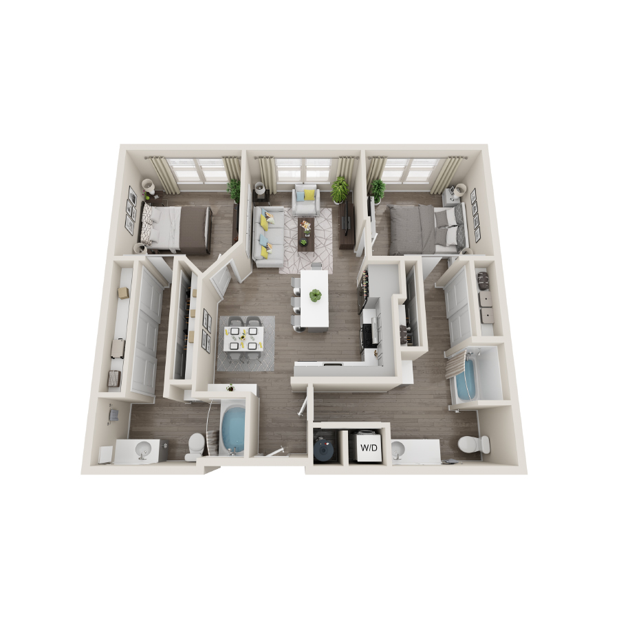 Rendering of the 2A.A floor plan with 2 bedroom[s] and 2 bathroom[s] at Aspire at Flamingo Grand