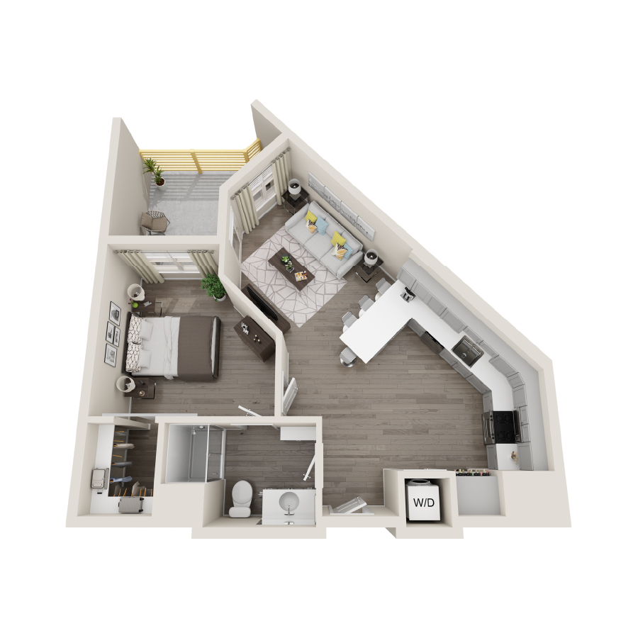 Rendering of the 1C floor plan with 1 bedroom[s] and 1 bathroom[s] at Aspire at Flamingo Grand