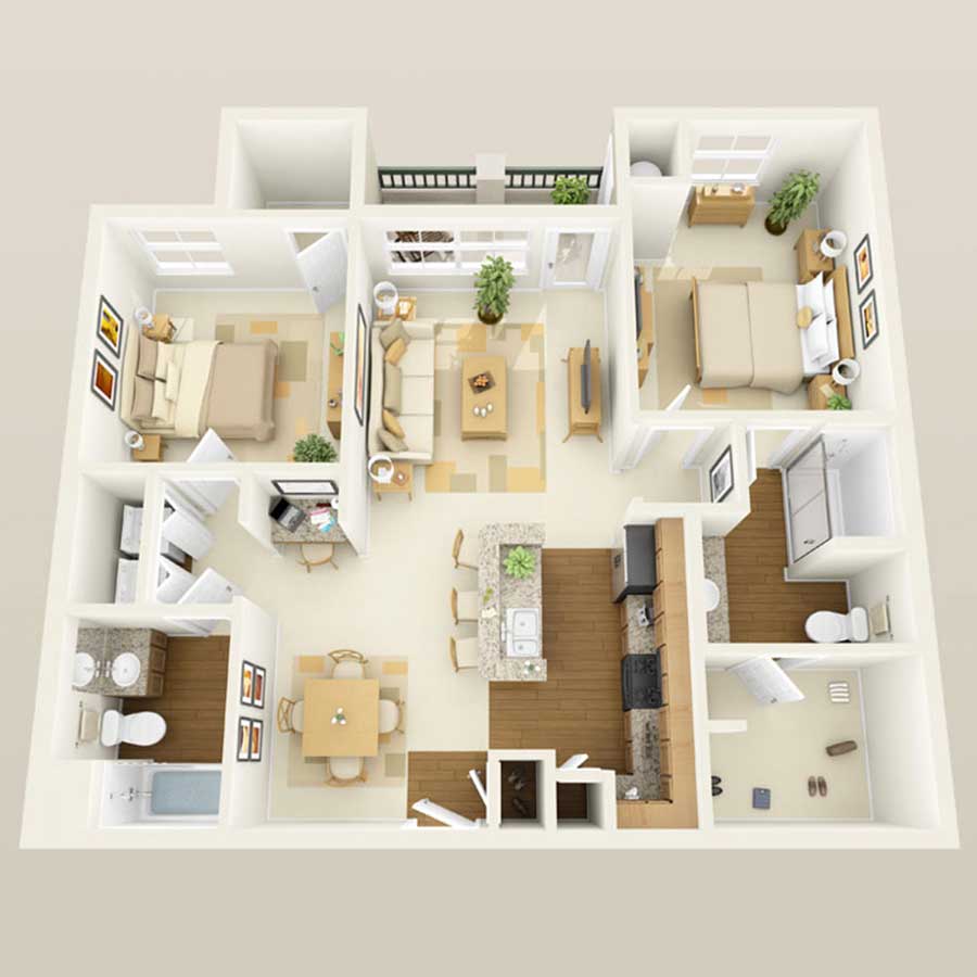 Rendering of the 2B floor plan with 2 bedroom[s] and 2 bathroom[s] at Altessa