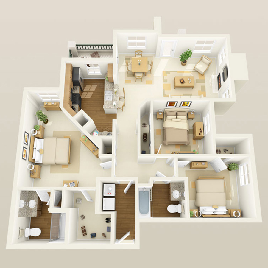 Rendering of the 3A.1 floor plan with 3 bedroom[s] and 2 bathroom[s] at Altessa