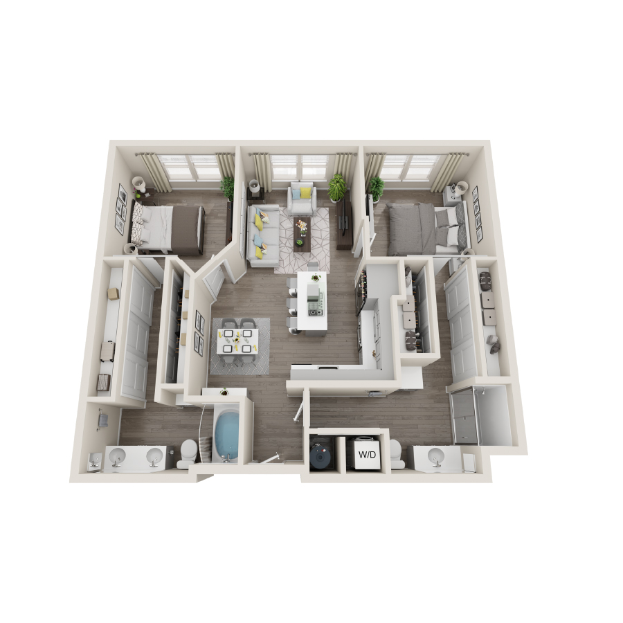 Rendering of the 2A floor plan with 2 bedroom[s] and 2 bathroom[s] at Aspire at Flamingo Grand