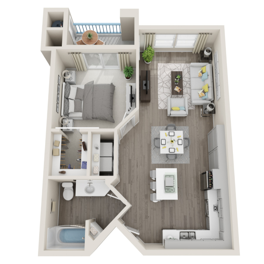 Rendering of the 1B floor plan with 1 bedroom[s] and 1 bathroom[s] at Aspire at Grand Canyon