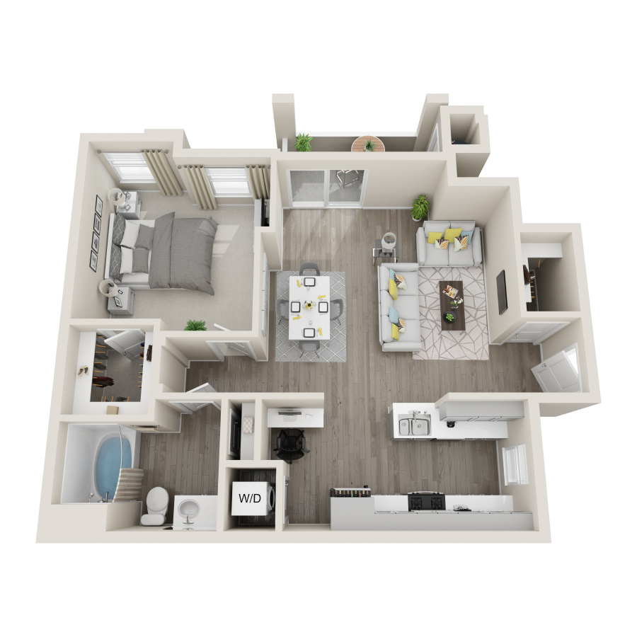 Rendering of the 1E floor plan with 1 bedroom[s] and 1 bathroom[s] at Aspire at Grand Canyon