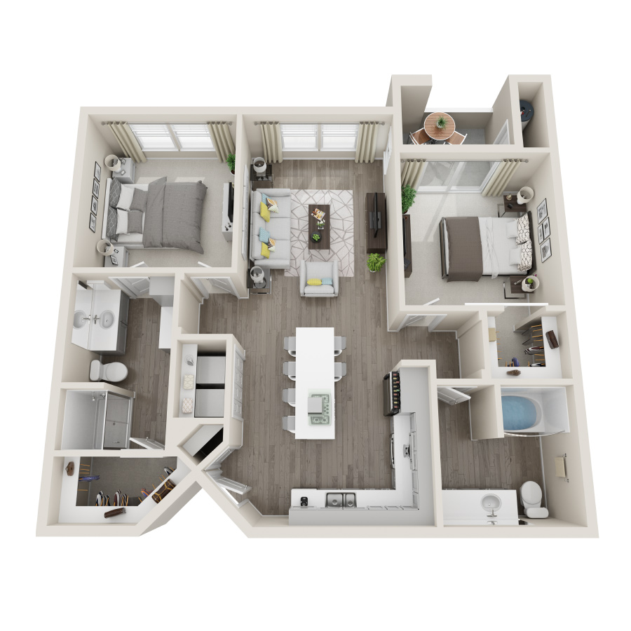 Rendering of the 2B floor plan with 2 bedroom[s] and 2 bathroom[s] at Aspire at Grand Canyon