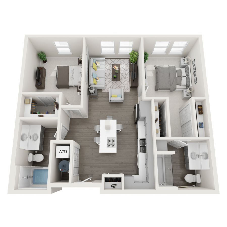 Rendering of the 2B floor plan with 2 bedroom[s] and 2 bathroom[s] at Radiance at Grand Canyon