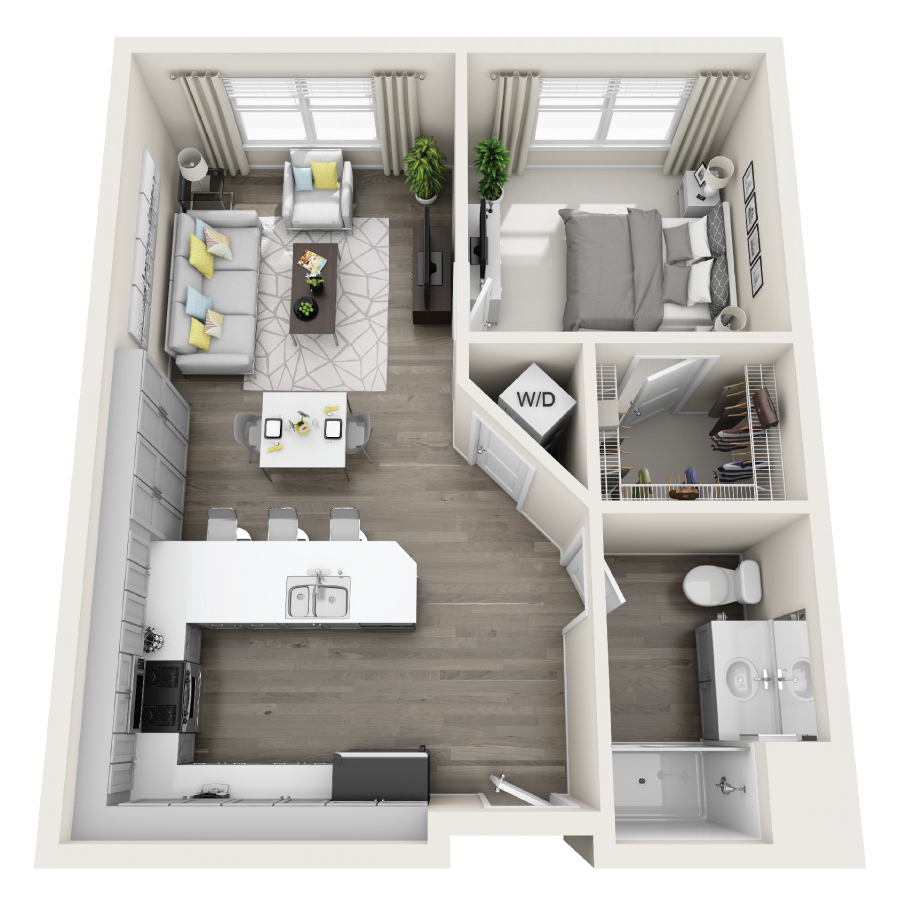 Rendering of the 1B floor plan with 1 bedroom[s] and 1 bathroom[s] at Radiance at Rock Springs