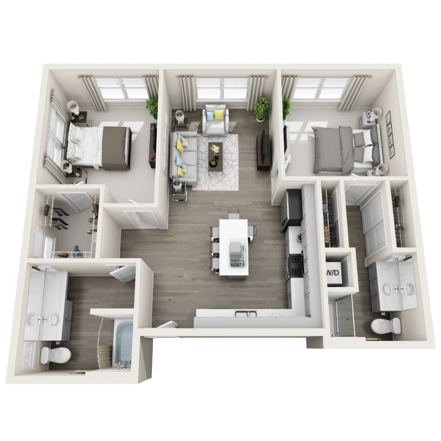 Rendering of the 2C floor plan with 2 bedroom[s] and 2 bathroom[s] at Radiance at Rock Springs