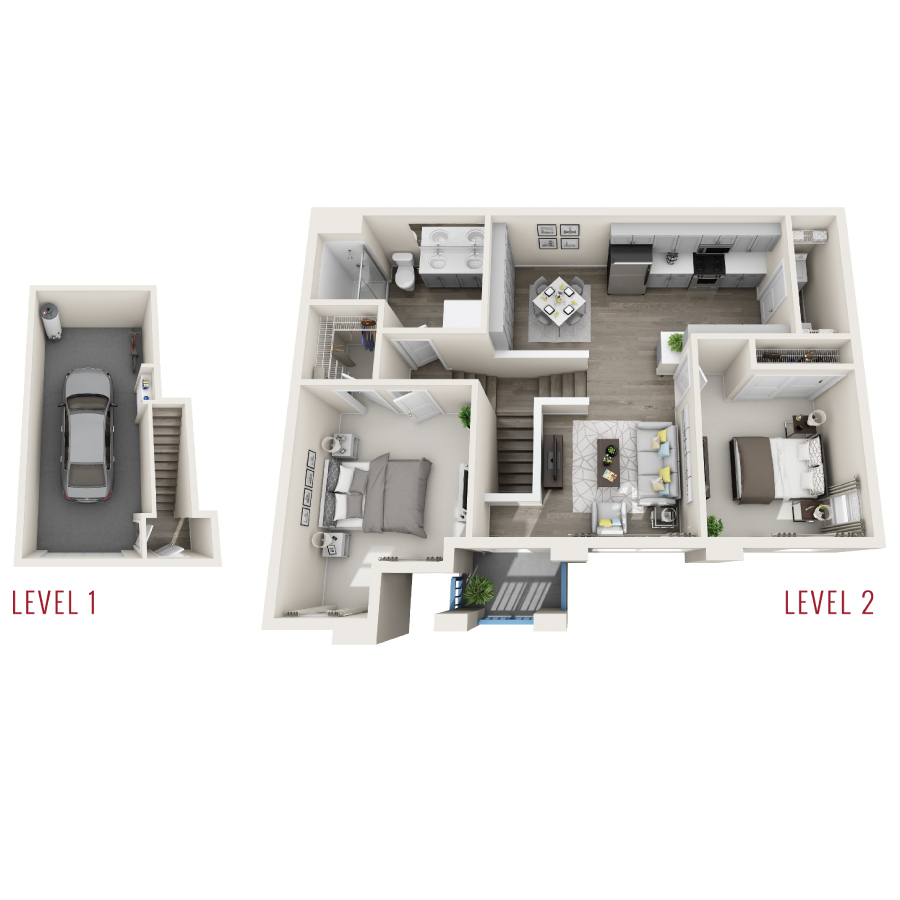Rendering of the 2G.1 floor plan with 2 bedroom[s] and 1 bathroom[s] at Radiance at Rock Springs