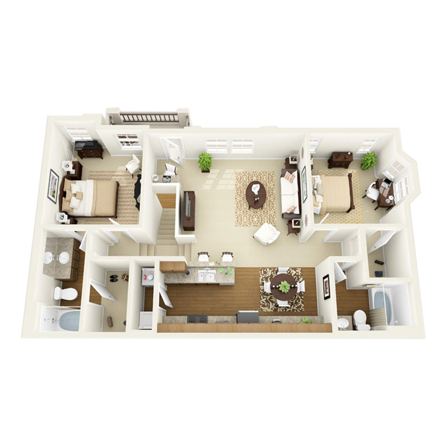 Rendering of the Terrano floor plan with 2 bedroom[s] and 2 bathroom[s] at Arzano