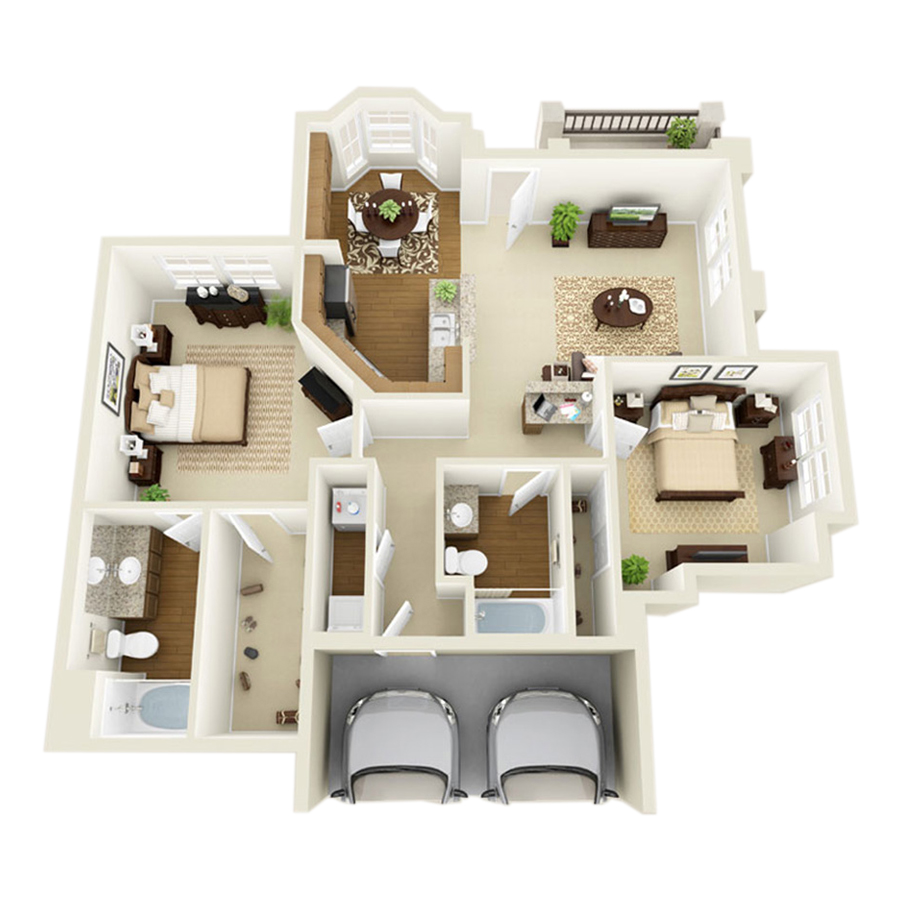 Rendering of the Messina floor plan with 2 bedroom[s] and 2 bathroom[s] at Arzano