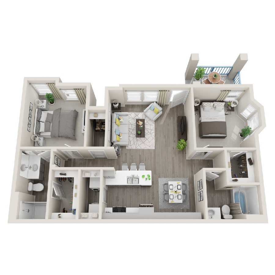 Rendering of the 2E floor plan with 2 bedroom[s] and 2 bathroom[s] at Aspire at Grand Canyon