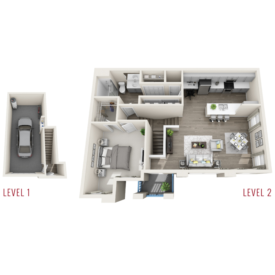Rendering of the 1G floor plan with 1 bedroom[s] and 1 bathroom[s] at Radiance at Rock Springs