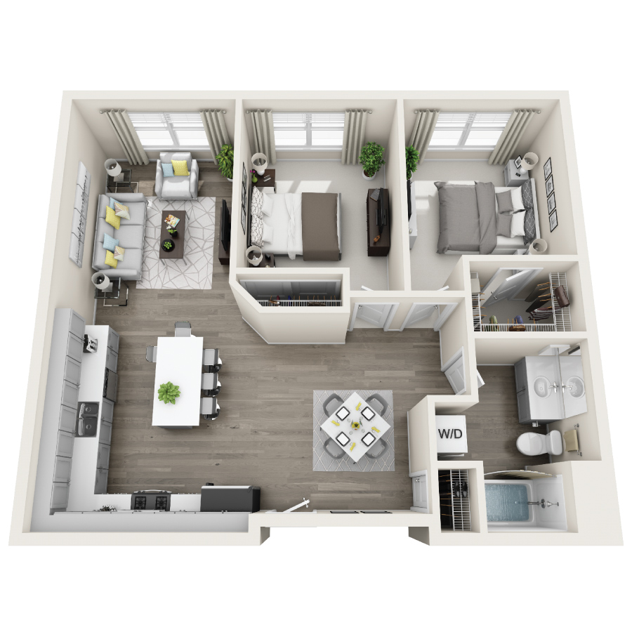 Rendering of the 2O floor plan with 2 bedroom[s] and 1 bathroom[s] at Radiance at Rock Springs
