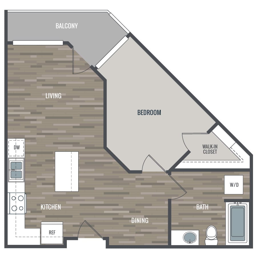 Rendering of the 1B floor plan with 1 bedroom[s] and 1 bathroom[s] at Crescendo